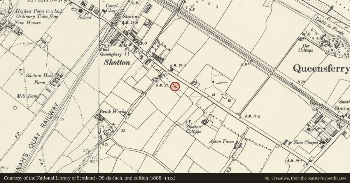 Ordnance Survey six-inch map, 2nd edition (1888–1913) covering the location of The Vicarage, Shotton, Flintshire, with a pin at the register's coordinates