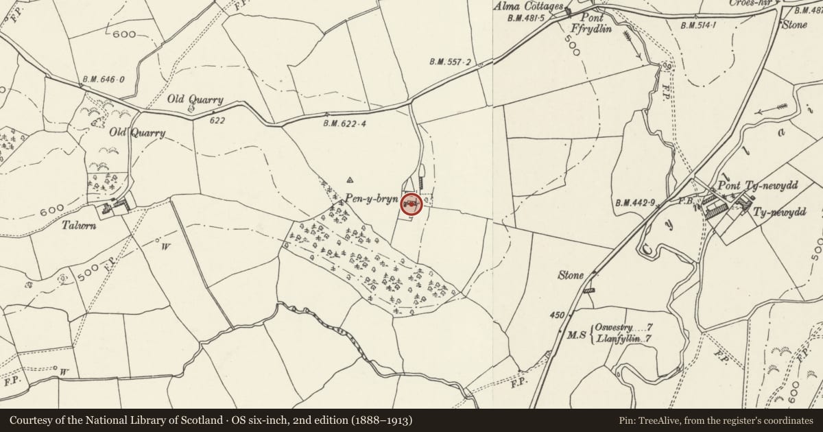 Ordnance Survey six-inch map, 2nd edition (1888–1913) covering the location of Barn at Pen y bryn, Llansilin, Powys, with a pin at the register's coordinates