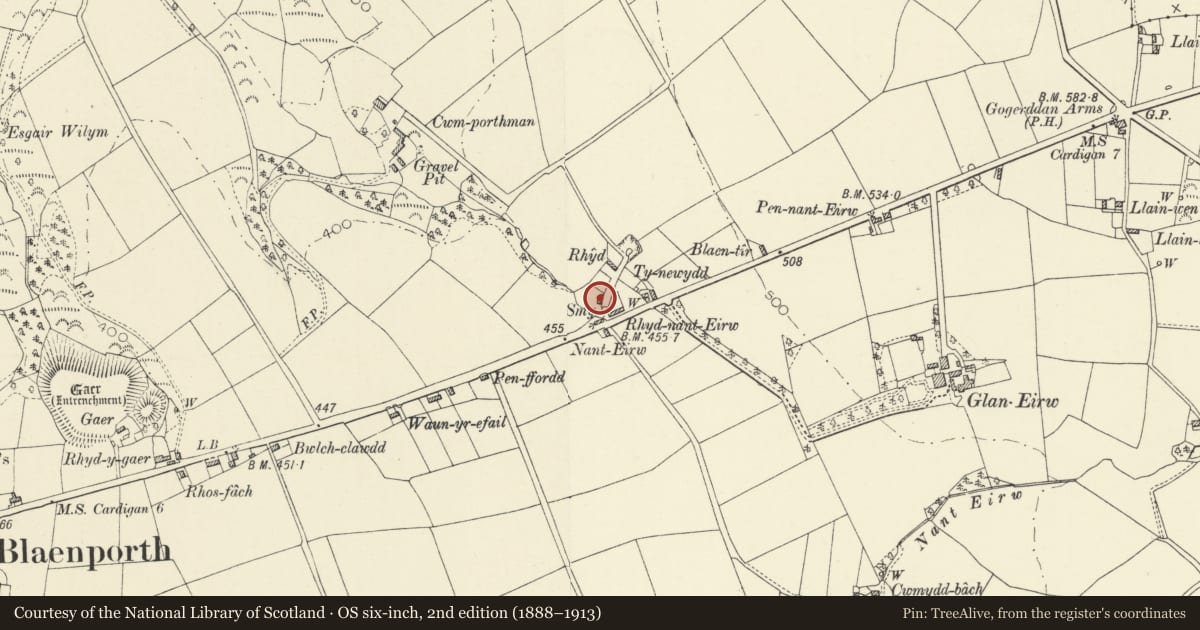 Ordnance Survey six-inch map, 2nd edition (1888–1913) covering the location of Rhyd Isaf, Aberporth, Ceredigion, with a pin at the register's coordinates