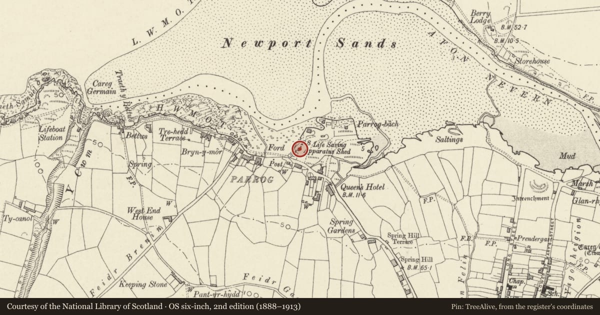 Ordnance Survey six-inch map, 2nd edition (1888–1913) covering the location of Stores adjacent to Kiln Cottage and the lime kiln, Newport, Pembrokeshire, with a pin at the register's coordinates