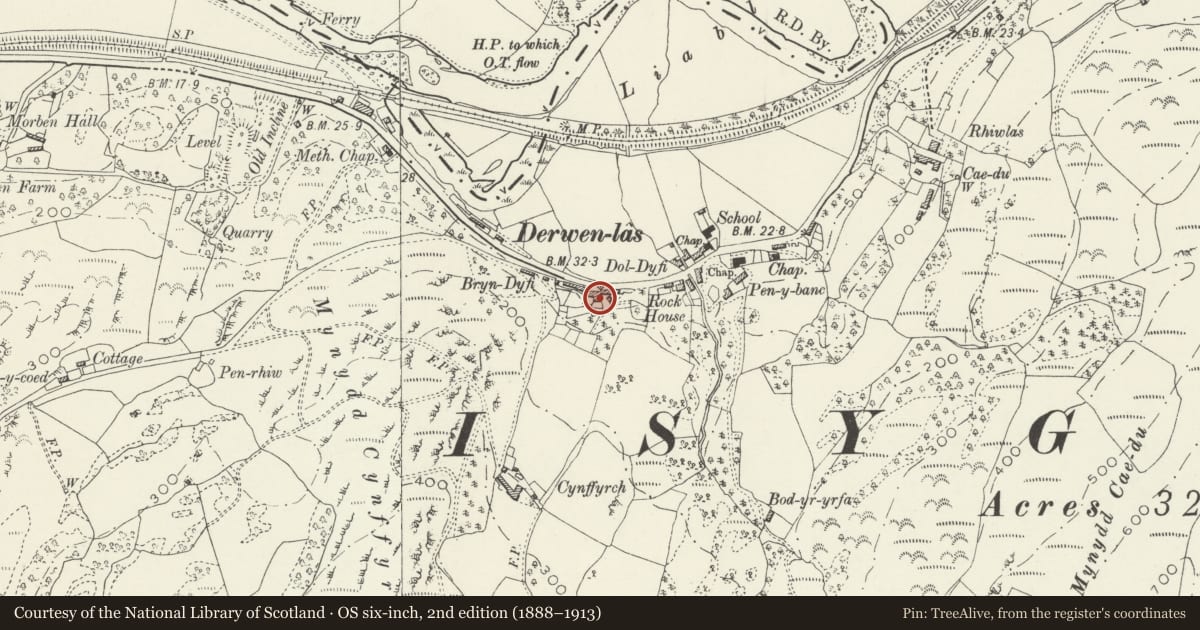 Ordnance Survey six-inch map, 2nd edition (1888–1913) covering the location of Black Lion Inn, Cadfarch, Powys, with a pin at the register's coordinates