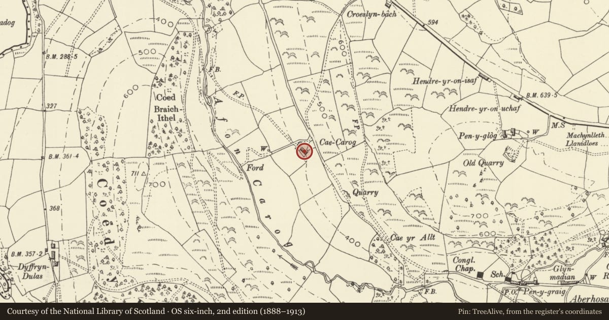 Ordnance Survey six-inch map, 2nd edition (1888–1913) covering the location of Cae Carog, Cadfarch, Powys, with a pin at the register's coordinates