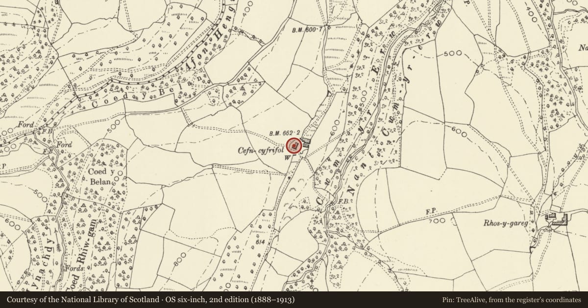 Ordnance Survey six-inch map, 2nd edition (1888–1913) covering the location of Cefn Cyfrifol, Cadfarch, Powys, with a pin at the register's coordinates