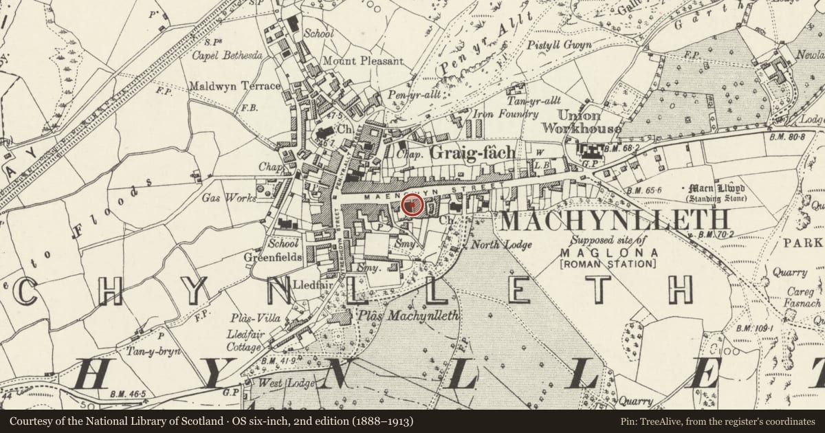 Ordnance Survey six-inch map, 2nd edition (1888–1913) covering the location of Maengwyn Chapel (Welsh Presbyterian Church), Machynlleth, Powys, with a pin at the register's coordinates