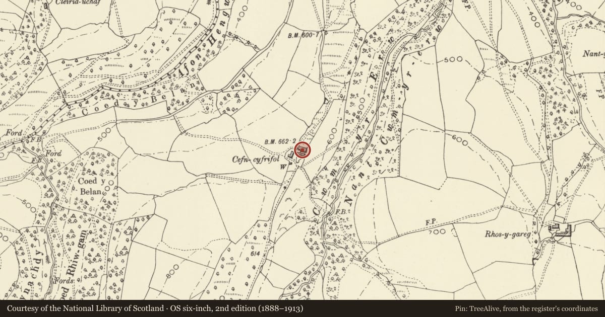 Ordnance Survey six-inch map, 2nd edition (1888–1913) covering the location of Multi-purpose farm building at Cefn Cyfrifol, Cadfarch, Powys, with a pin at the register's coordinates
