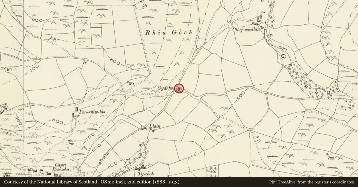 Ordnance Survey six-inch map, 2nd edition (1888–1913) covering the location of Multi-purpose farm building at Gydrhos, Cadfarch, Powys, with a pin at the register's coordinates
