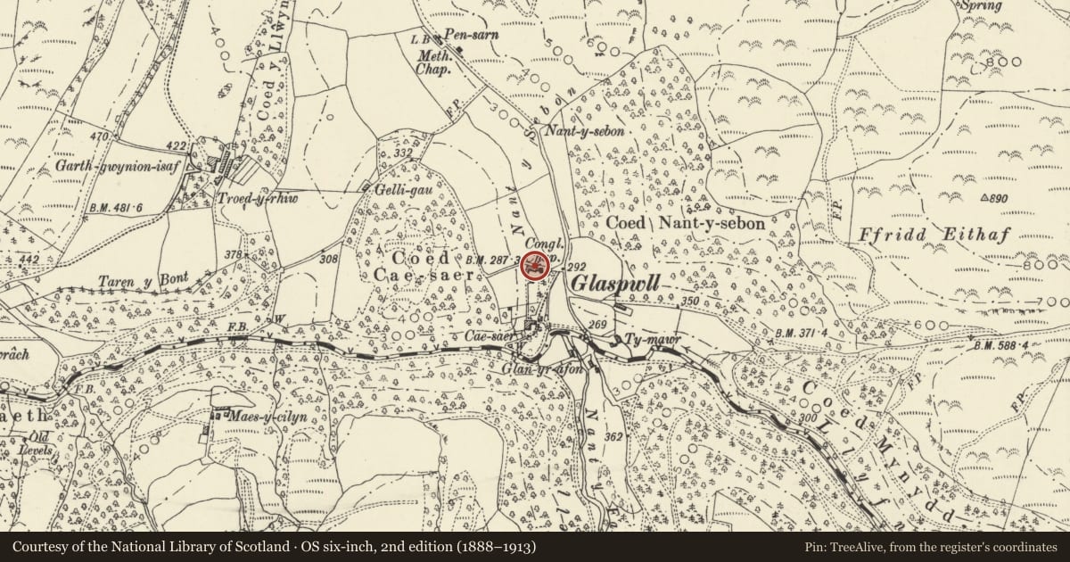 Ordnance Survey six-inch map, 2nd edition (1888–1913) covering the location of North Farm Building adjacent to Pennal Chapel, Cadfarch, Powys, with a pin at the register's coordinates