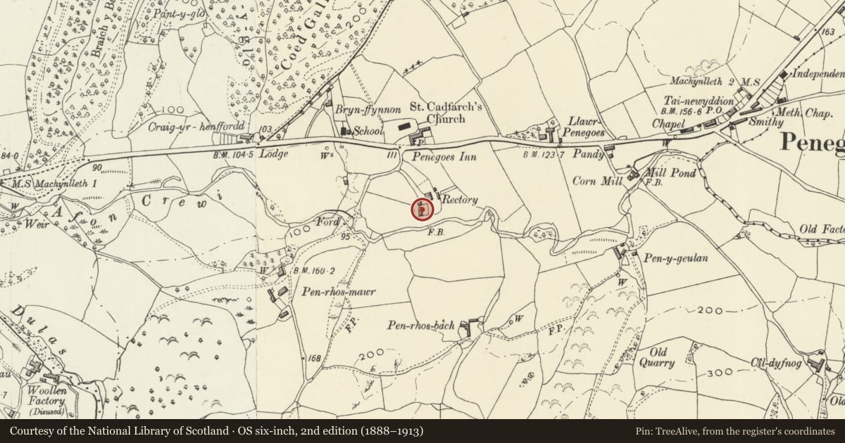 Ordnance Survey six-inch map, 2nd edition (1888–1913) covering the location of Outbuilding to SW of Y Rheithordy, Cadfarch, Powys, with a pin at the register's coordinates