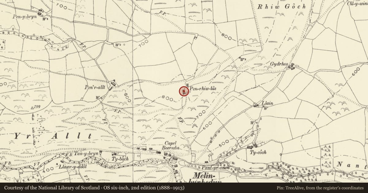 Ordnance Survey six-inch map, 2nd edition (1888–1913) covering the location of Pen-rhiw-las, Cadfarch, Powys, with a pin at the register's coordinates