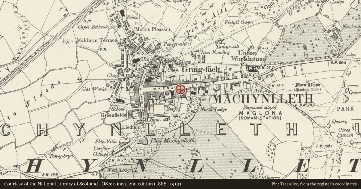 Ordnance Survey six-inch map, 2nd edition (1888–1913) covering the location of 44 Heol Maengwyn, Machynlleth, Powys, with a pin at the register's coordinates