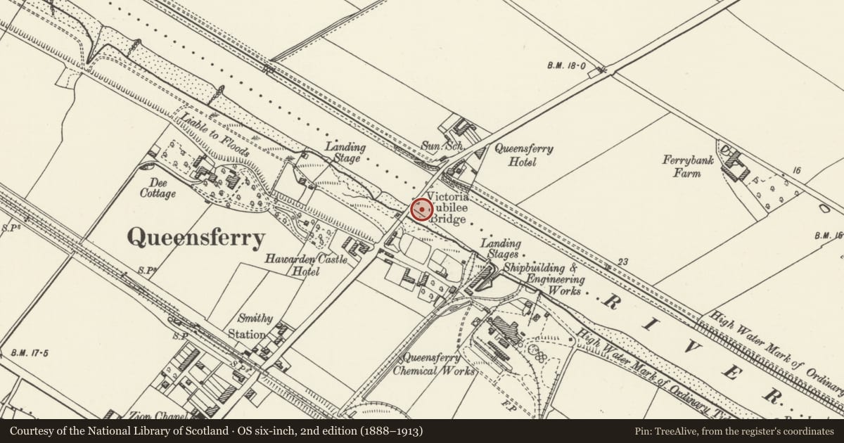Ordnance Survey six-inch map, 2nd edition (1888–1913) covering the location of Bascule Bridge, Queensferry, Flintshire, with a pin at the register's coordinates