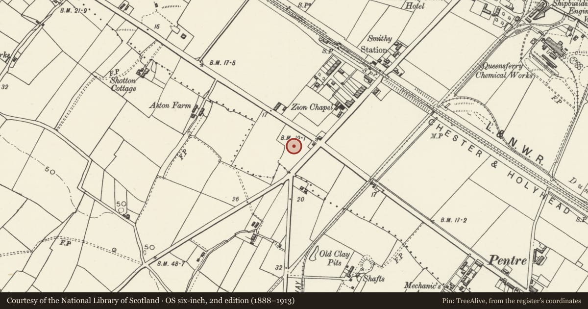 Ordnance Survey six-inch map, 2nd edition (1888–1913) covering the location of Queensferry War Memorial Institute, Flintshire, with a pin at the register's coordinates