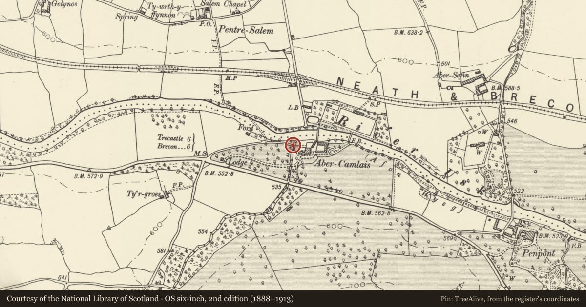 Ordnance Survey six-inch map, 2nd edition (1888–1913) covering the location of Bridge over Camlais to N of the Pigeon House at Abercamlais, Trallong, Powys, with a pin at the register's coordinates