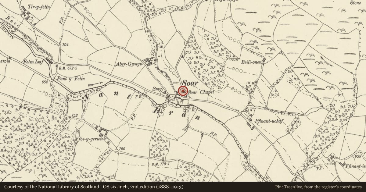 Ordnance Survey six-inch map, 2nd edition (1888–1913) covering the location of Capel Soar, Trallong, Powys, with a pin at the register's coordinates
