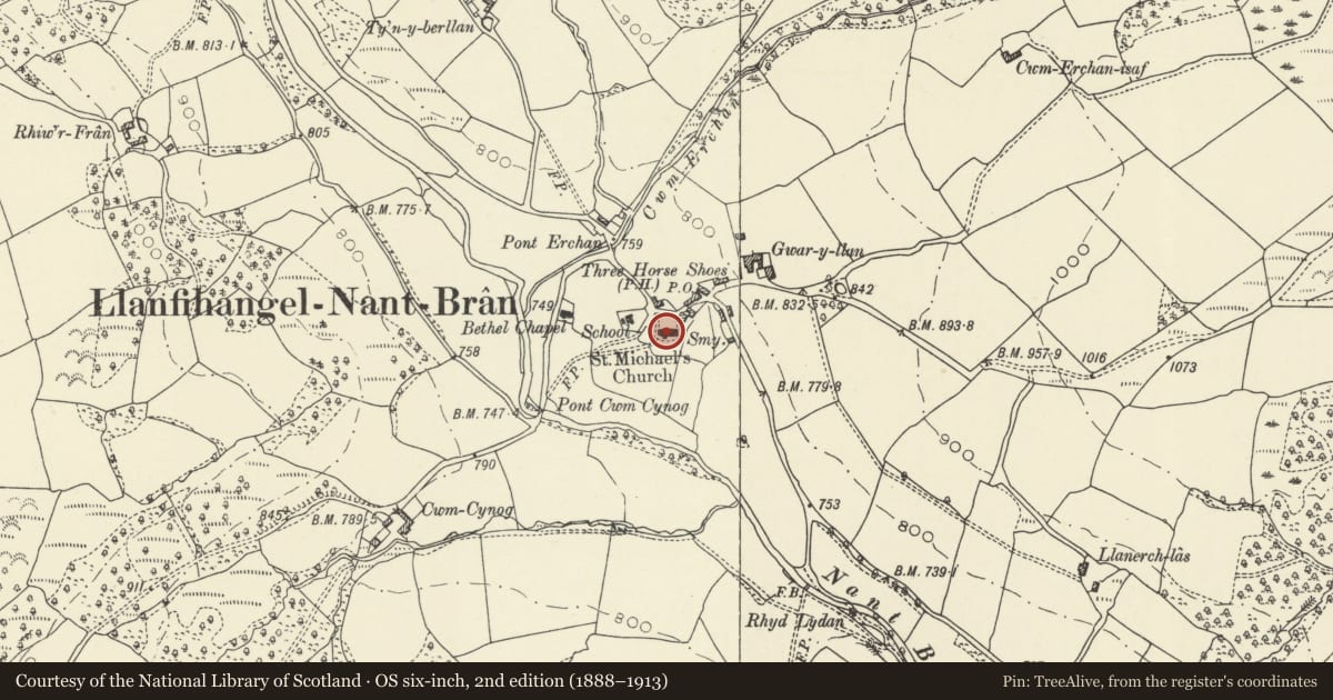 Ordnance Survey six-inch map, 2nd edition (1888–1913) covering the location of Church of St Michael, Trallong, Powys, with a pin at the register's coordinates
