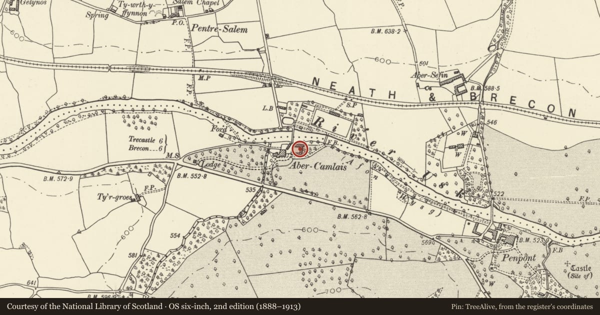 Ordnance Survey six-inch map, 2nd edition (1888–1913) covering the location of Stable Court at Abercamlais, Trallong, Powys, with a pin at the register's coordinates