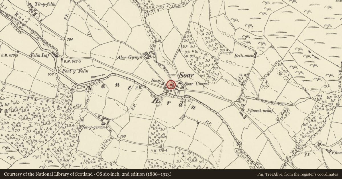 Ordnance Survey six-inch map, 2nd edition (1888–1913) covering the location of Telephone call-box at Soar (01874 636331), Trallong, Powys, with a pin at the register's coordinates