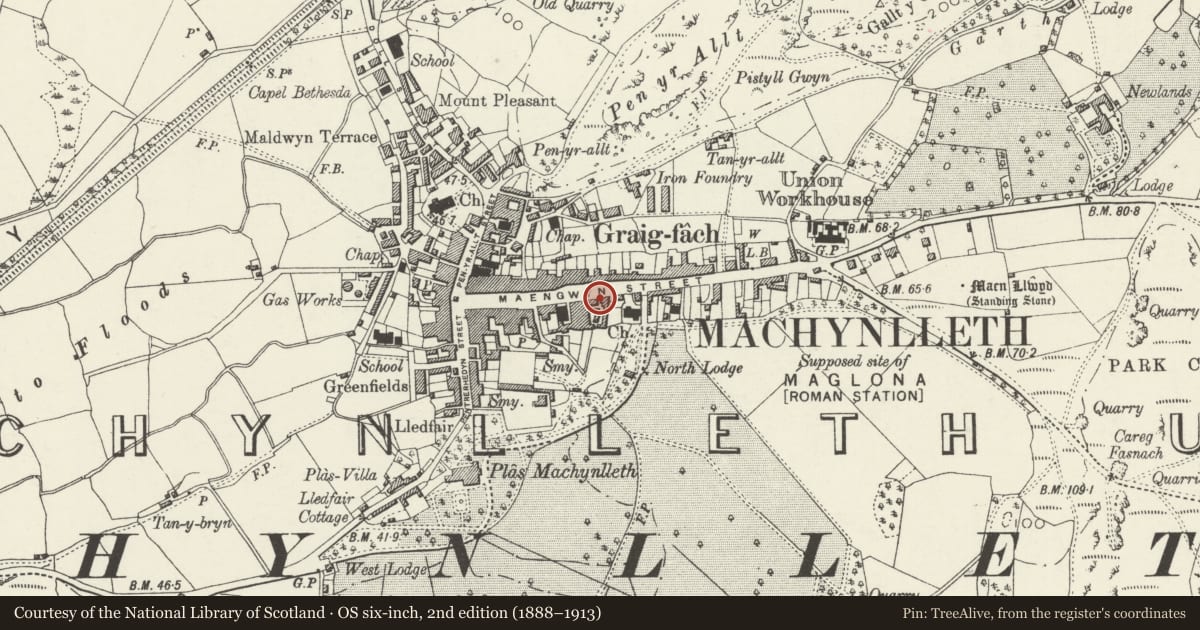 Ordnance Survey six-inch map, 2nd edition (1888–1913) covering the location of 50 Heol Maengwyn, Machynlleth, Powys, with a pin at the register's coordinates