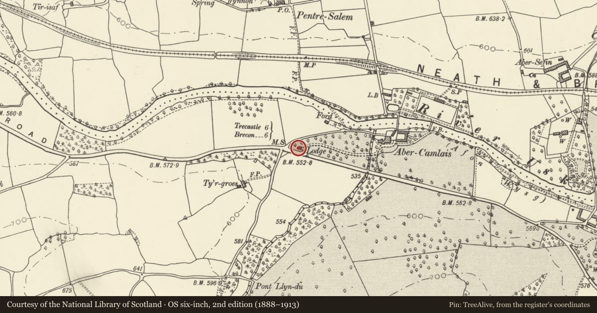 Ordnance Survey six-inch map, 2nd edition (1888–1913) covering the location of The Lodge, Trallong, Powys, with a pin at the register's coordinates