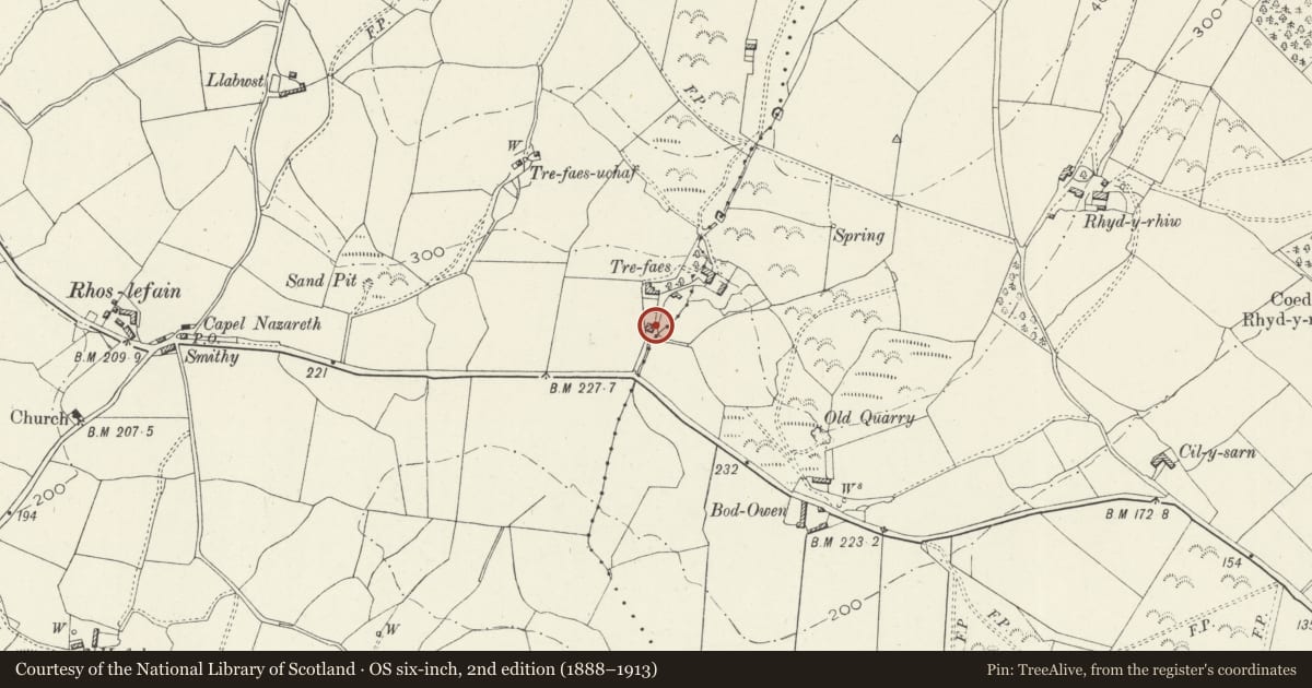Ordnance Survey six-inch map, 2nd edition (1888–1913) covering the location of Cow house S of Trefaes, Llangelynin, Gwynedd, with a pin at the register's coordinates