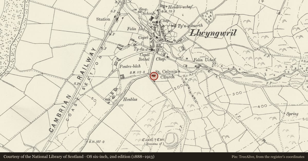 Ordnance Survey six-inch map, 2nd edition (1888–1913) covering the location of Church of St Celynin, Llangelynin, Gwynedd, with a pin at the register's coordinates