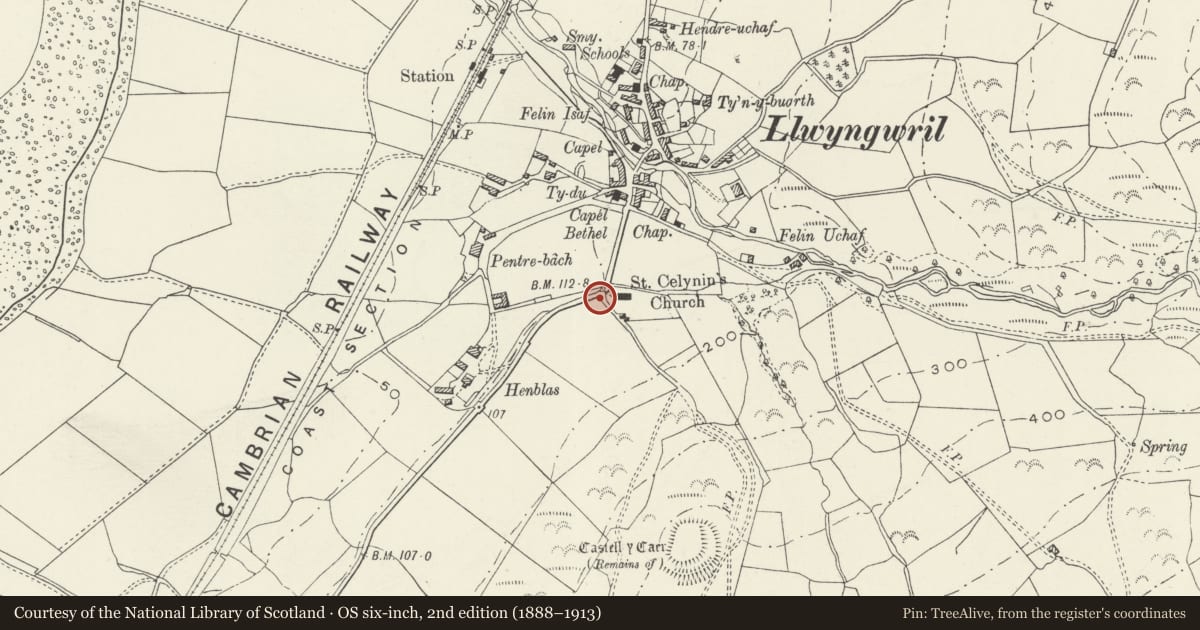 Ordnance Survey six-inch map, 2nd edition (1888–1913) covering the location of Llwyngwril war memorial, Llangelynin, Gwynedd, with a pin at the register's coordinates