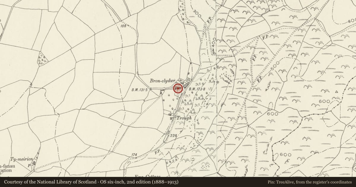 Ordnance Survey six-inch map, 2nd edition (1888–1913) covering the location of Multi-purpose farm building at Bron Clydwr, Llangelynin, Gwynedd, with a pin at the register's coordinates