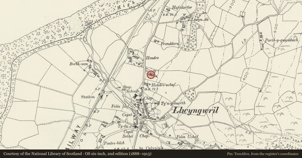 Ordnance Survey six-inch map, 2nd edition (1888–1913) covering the location of Multi-purpose farm building to SE of Hendre, Llangelynin, Gwynedd, with a pin at the register's coordinates