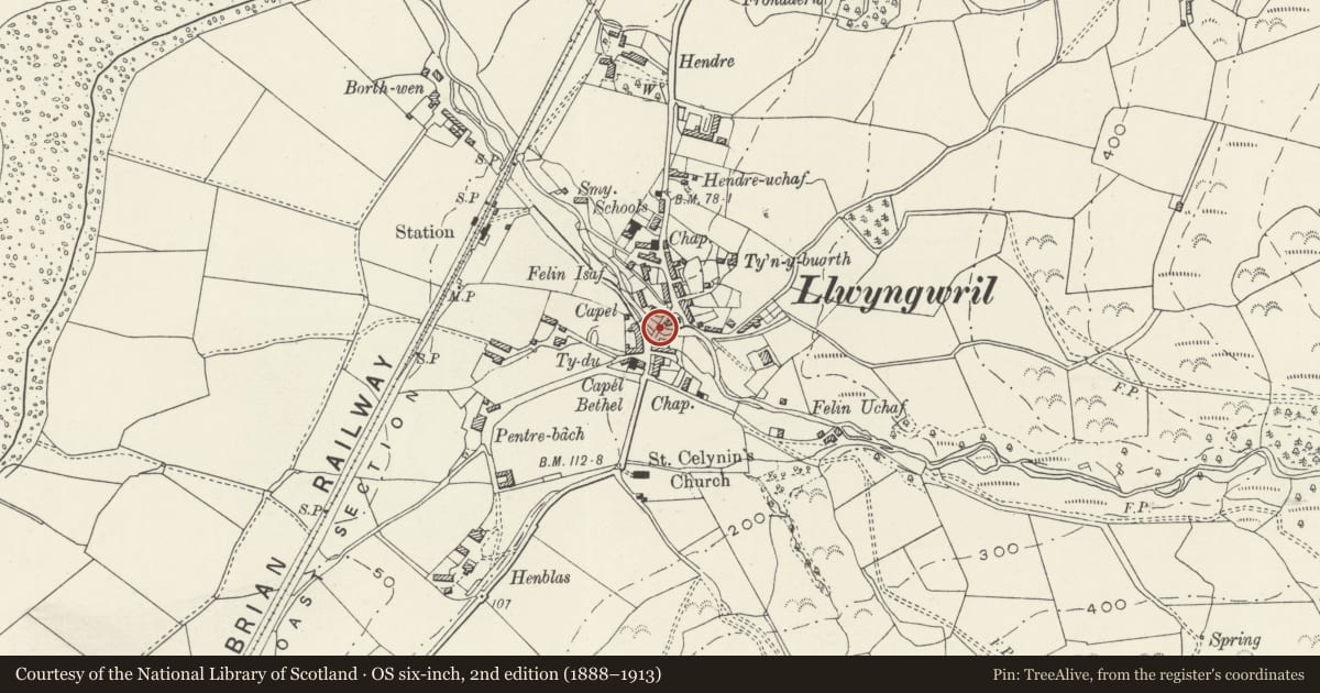 Ordnance Survey six-inch map, 2nd edition (1888–1913) covering the location of Pont Llwyngwril, Llangelynin, Gwynedd, with a pin at the register's coordinates