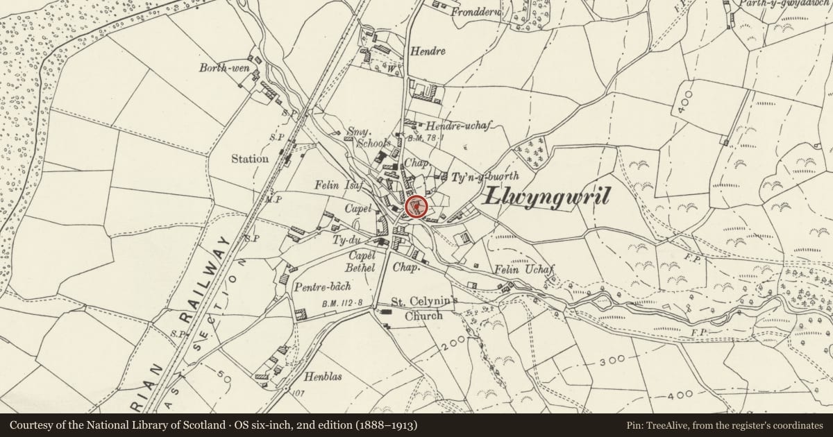 Ordnance Survey six-inch map, 2nd edition (1888–1913) covering the location of The Garthangharad public house, Llangelynin, Gwynedd, with a pin at the register's coordinates