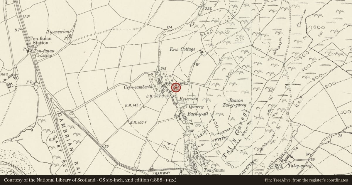 Ordnance Survey six-inch map, 2nd edition (1888–1913) covering the location of Well at Cefn Camberth, Llangelynin, Gwynedd, with a pin at the register's coordinates