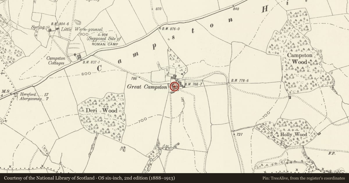 Ordnance Survey six-inch map, 2nd edition (1888–1913) covering the location of Barn at Great Campston, Grosmont, Monmouthshire, with a pin at the register's coordinates