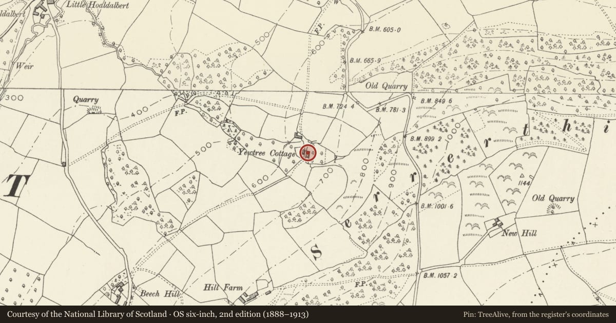 Ordnance Survey six-inch map, 2nd edition (1888–1913) covering the location of Yew Tree Cottage, Grosmont, Monmouthshire, with a pin at the register's coordinates