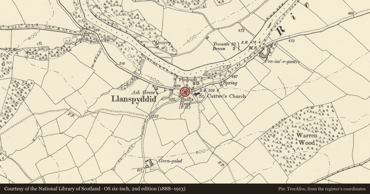 Ordnance Survey six-inch map, 2nd edition (1888–1913) covering the location of Copper Beech Barn, Glyn Tarell, Powys, with a pin at the register's coordinates