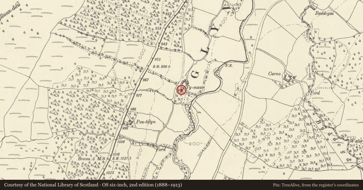 Ordnance Survey six-inch map, 2nd edition (1888–1913) covering the location of Former house opposite Ty Mawr, Glyn Tarell, Powys, with a pin at the register's coordinates