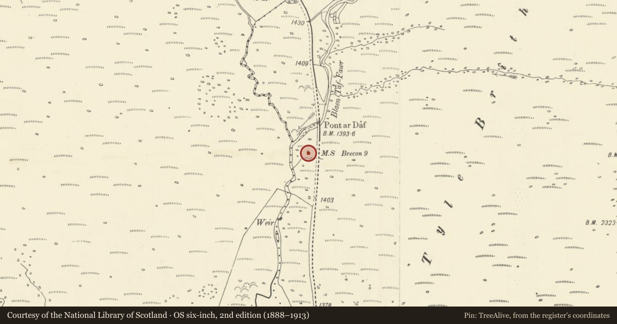 Ordnance Survey six-inch map, 2nd edition (1888–1913) covering the location of Milestone on A 470 N of Beacons Reservoir, Glyn Tarell, Powys, with a pin at the register's coordinates