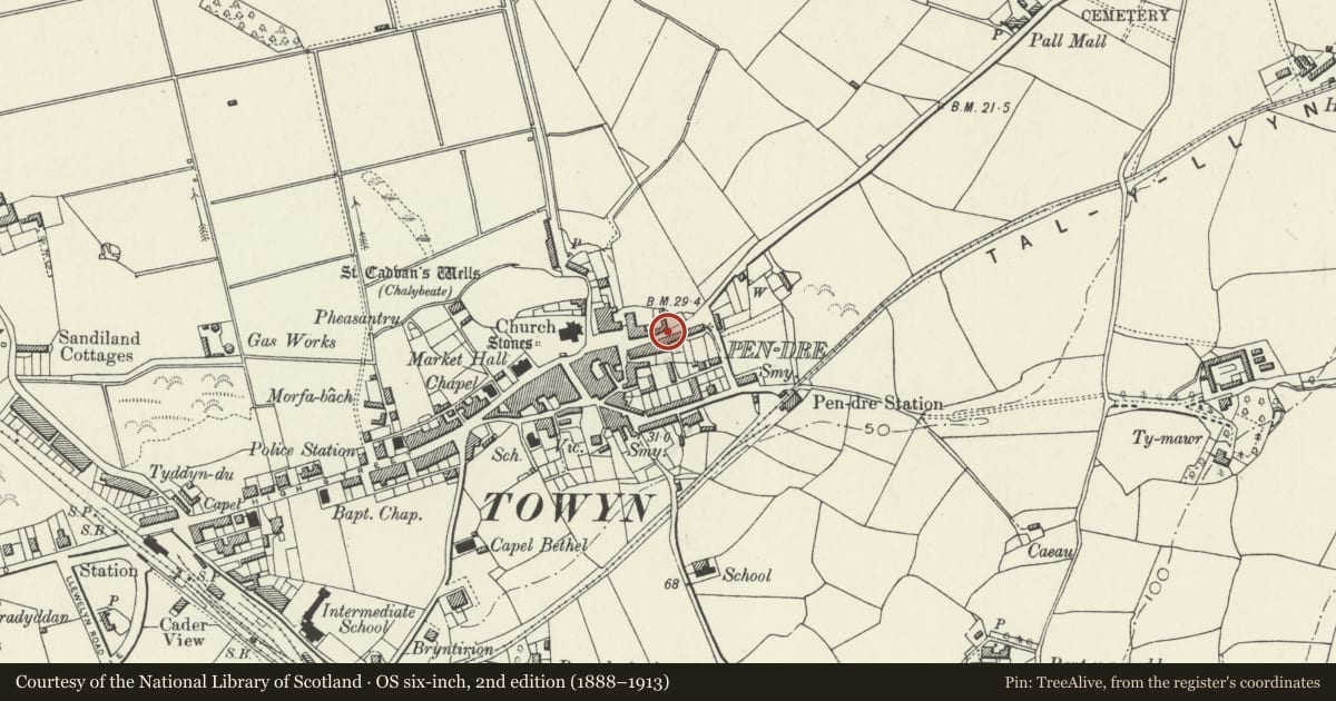 Ordnance Survey six-inch map, 2nd edition (1888–1913) covering the location of 18 Maengwyn Street, Tywyn, Gwynedd, with a pin at the register's coordinates