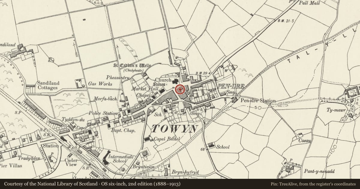 Ordnance Survey six-inch map, 2nd edition (1888–1913) covering the location of 5 Corbet Square, Tywyn, Gwynedd, with a pin at the register's coordinates