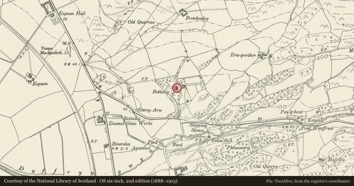 Ordnance Survey six-inch map, 2nd edition (1888–1913) covering the location of Bod Talog, Tywyn, Gwynedd, with a pin at the register's coordinates