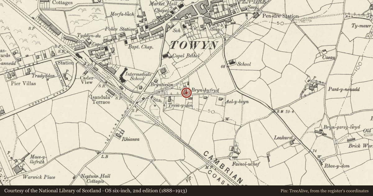 Ordnance Survey six-inch map, 2nd edition (1888–1913) covering the location of Brynhyfryd, including Brynhyfryd Cottage and attached stable and coach house, Tywyn, Gwynedd, with a pin at the register's coordinates