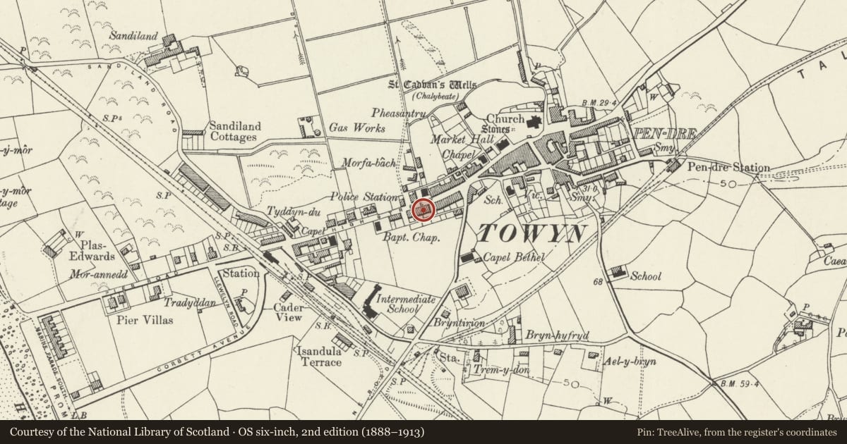 Ordnance Survey six-inch map, 2nd edition (1888–1913) covering the location of Ceinfan, including forecourt railings and gate, Tywyn, Gwynedd, with a pin at the register's coordinates