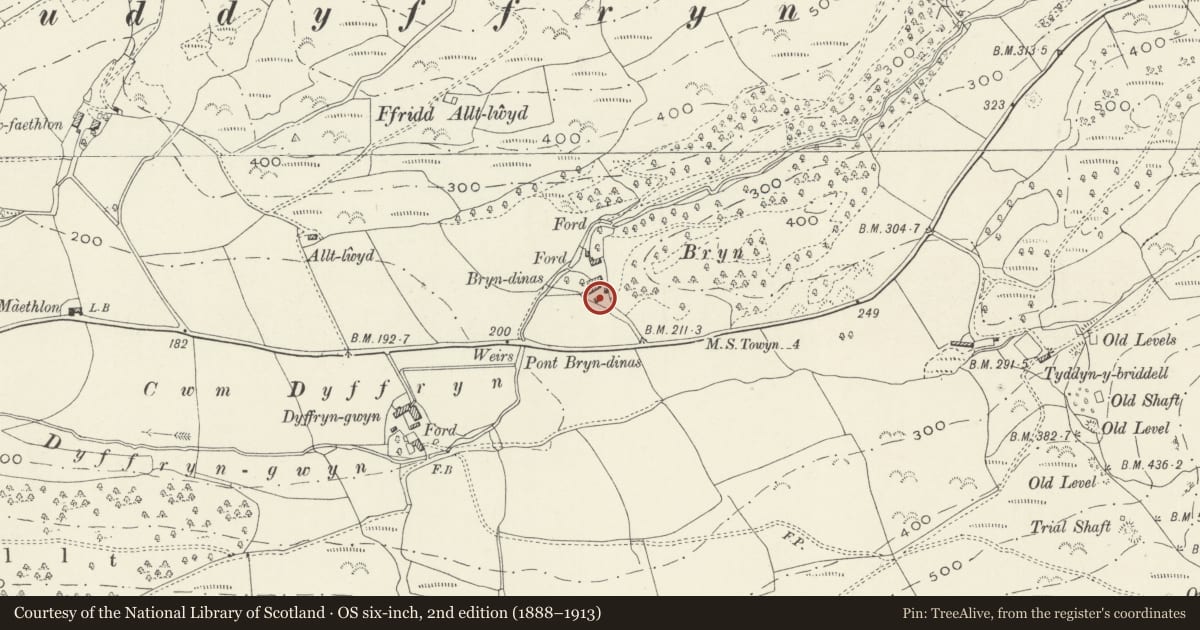Ordnance Survey six-inch map, 2nd edition (1888–1913) covering the location of Cow house at Bryndinas, Tywyn, Gwynedd, with a pin at the register's coordinates