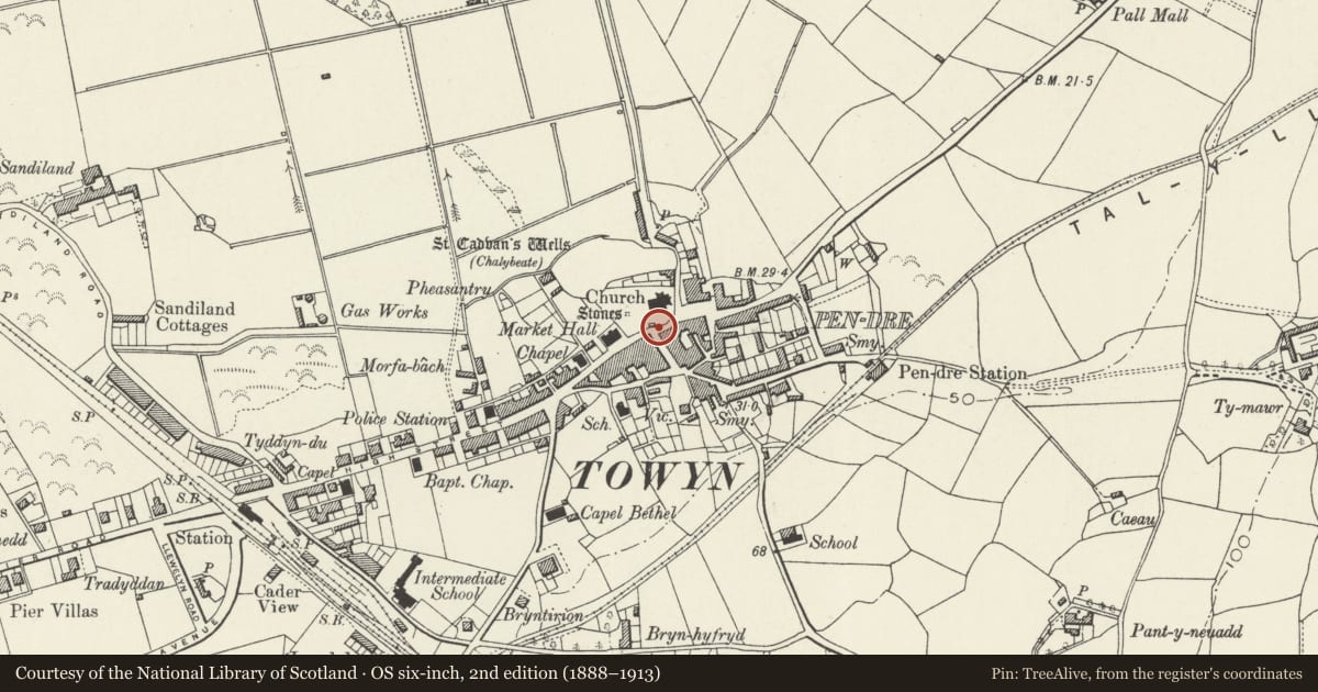 Ordnance Survey six-inch map, 2nd edition (1888–1913) covering the location of Lych gate at church of St Cadfan, Tywyn, Gwynedd, with a pin at the register's coordinates