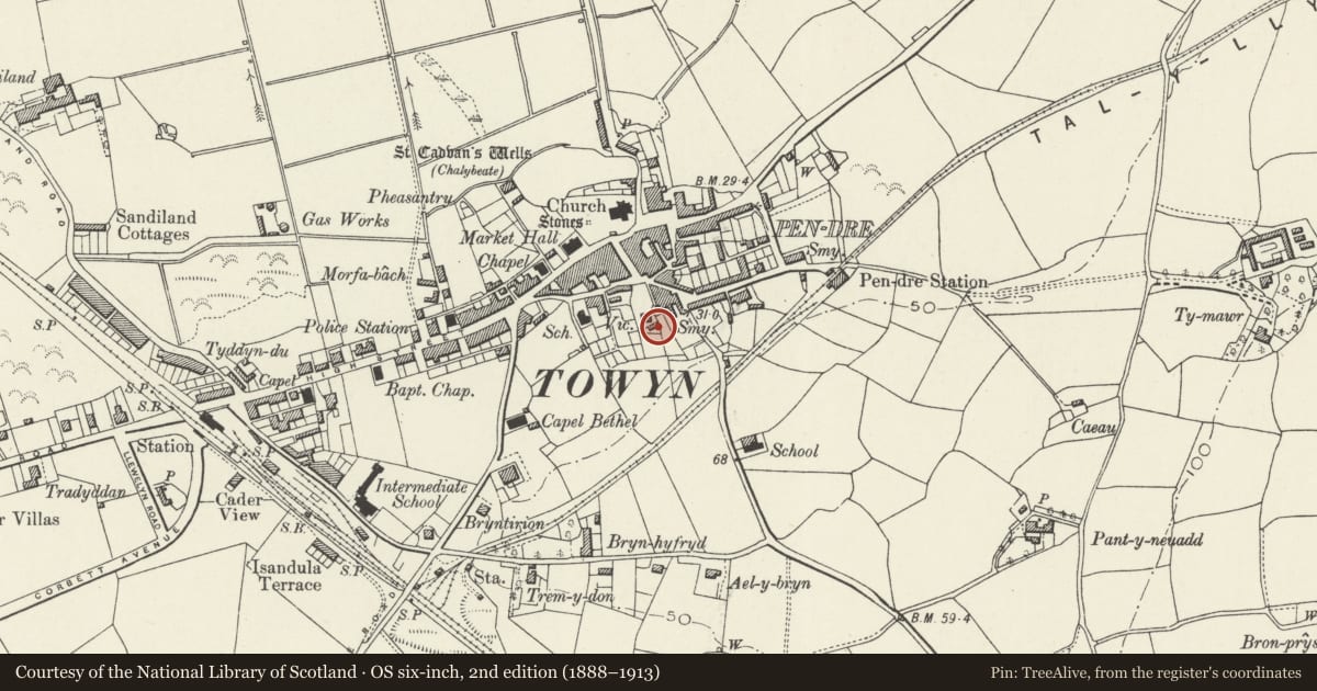 Ordnance Survey six-inch map, 2nd edition (1888–1913) covering the location of Outbuilding at rear of The Vicarage, Tywyn, Gwynedd, with a pin at the register's coordinates