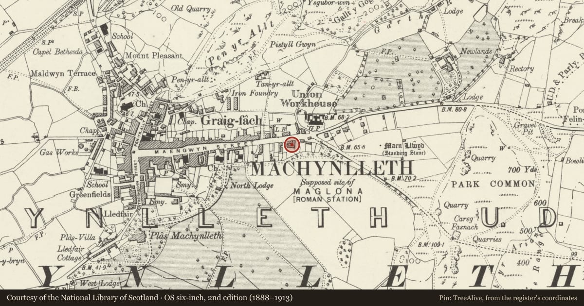 Ordnance Survey six-inch map, 2nd edition (1888–1913) covering the location of Building to rear of Nos.104 & 106 Heol Maengwyn (now part of the Petrol Station property, Machynlleth, Powys, with a pin at the register's coordinates