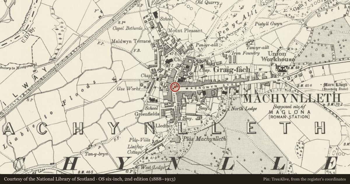 Ordnance Survey six-inch map, 2nd edition (1888–1913) covering the location of Clock Tower, Machynlleth, Powys, with a pin at the register's coordinates