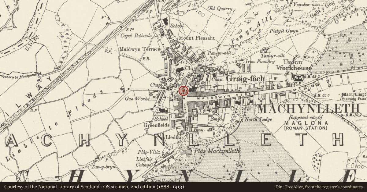 Ordnance Survey six-inch map, 2nd edition (1888–1913) covering the location of 9 Heol Penrallt, Machynlleth, Powys, with a pin at the register's coordinates