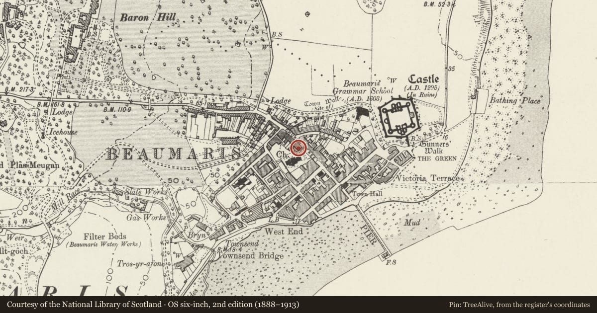 Ordnance Survey six-inch map, 2nd edition (1888–1913) covering the location of Plas Coch, Beaumaris, Isle of Anglesey, with a pin at the register's coordinates