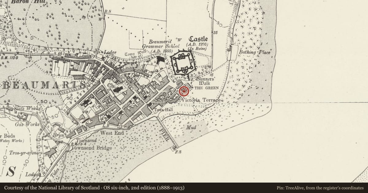 Ordnance Survey six-inch map, 2nd edition (1888–1913) covering the location of Green Edge, Beaumaris, Isle of Anglesey, with a pin at the register's coordinates