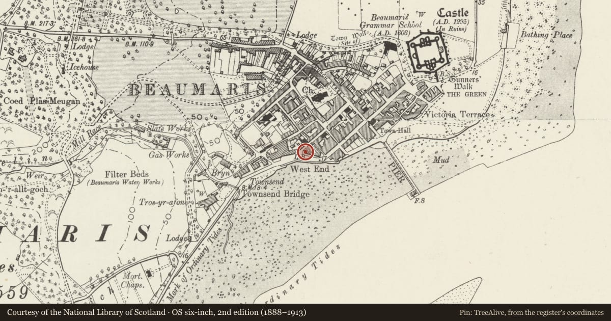 Ordnance Survey six-inch map, 2nd edition (1888–1913) covering the location of 1 The West End, Beaumaris, Isle of Anglesey, with a pin at the register's coordinates